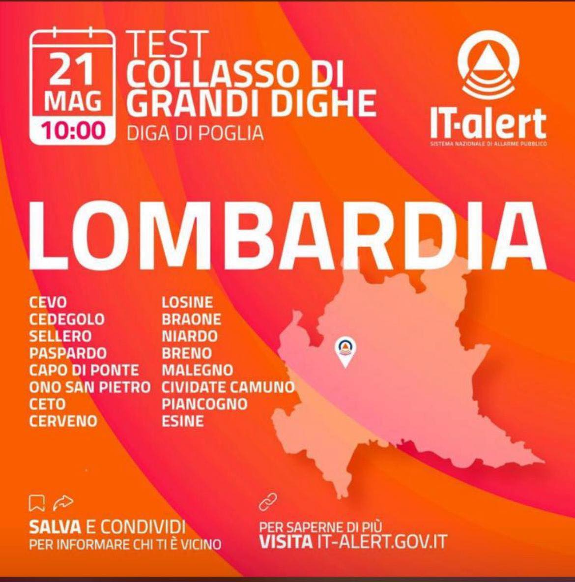 immagine della cartina della lombardia con indicazione del test collasso grandi dighe di It-Alert previsto per il 21 maggio alle ore 10.00